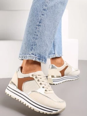 Beżowe Sneakersy z Brokatową Dzianinową Wstawką Atobia