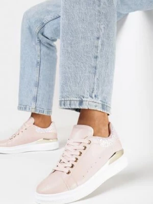 Różowe Sneakersy z Imitacji Skóry z Metaliczną Wstawką i Brokatem Fleuriue