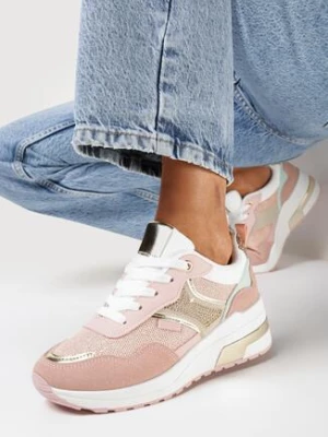 Różowe Sneakersy ze Złotymi Wstawkami i Brokatem oraz Cyrkoniami Avanalis