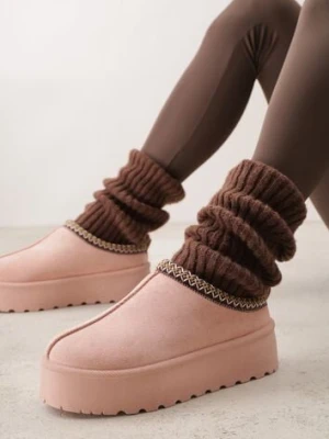 Różowe Śniegowce na Platformie z Niską Cholewką i Haftowanym Wzorem Zivilae