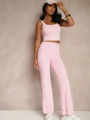 Różowe Spodnie Flare High Waist z Szeroką Gumką w Pasie Idalania