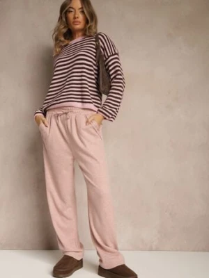 Różowe Spodnie High Waist z Gumką i Troczkami w Pasie Rallena glo-story