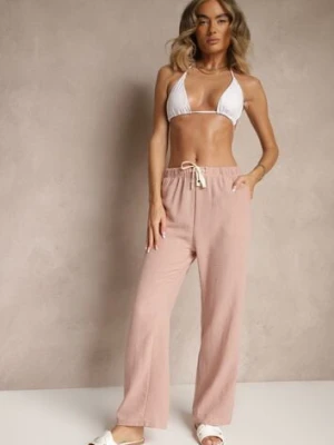 Różowe Spodnie High Waist z Szeroką Nogawką i Gumką w Pasie Mirarena