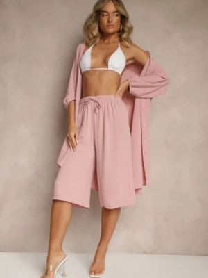 Różowe Spodnie Kuloty z Bawełną High Waist Azetia