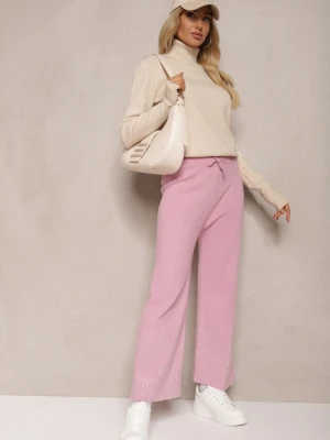 Różowe Spodnie o Szerokim Kroju High Waist z Cyrkoniami i Gumką w Pasie Loreitha J&x