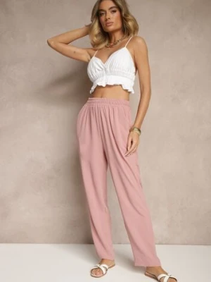 Różowe Spodnie z Bawełną o Szerokim Kroju High Waist Fanelithia