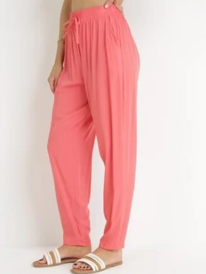 Różowe Spodnie z Marszczoną Gumką w Pasie i Troczkiem z Wiskozy Honori j&x