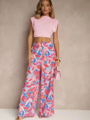 Różowe Spodnie z Wiskozy o Szerokim Kroju High Waist z Geometrycznym Motywem Ralianea