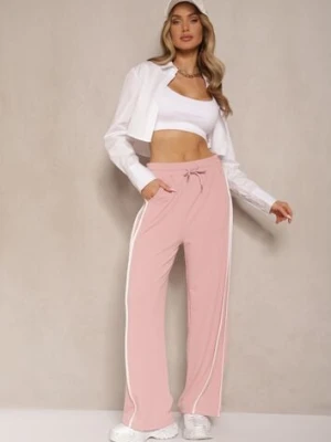 Różowe Szerokie Spodnie Dresowe High Waist Zdobione Lampasami Sopaline