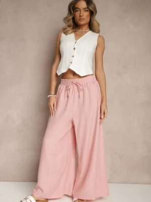Różowe Szerokie Spodnie High Waist Ozdobione Wiązaniem Telonia