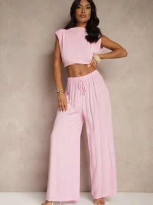 Różowe Szerokie Spodnie High Waist z Gumką w Talii Ilnena