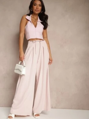 Różowe Szerokie Spodnie High Waist Zapinane na Suwak z Wiązaniem w Talii Vikonnia elsa.m by may