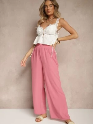 Różowe Szerokie Spodnie Typu Palazzo High Waist Araneira