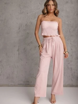 Różowe Szerokie Spodnie Wiskozą Bawełną i Elastyczną Talią ze Sznurkiem Arkinae