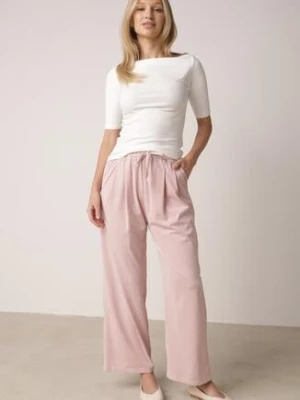 Różowe Szerokie Spodnie z Bawełną Wiskozą Gumką w Pasie i Sznurkiem Iridara