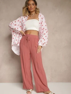 Różowe Szerokie Spodnie z Wiskozy High Waist Naivella