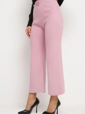 Różowe Szerokie Spodnie z Wysokim Stanem i Gumką w Pasie Ozdobione Cyrkoniami Saviane j&x