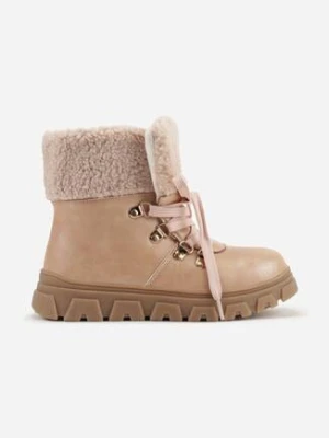 Różowe Sznurowane Botki Vices z Kożuszkiem i Tłoczoną Podeszwą Nelianea