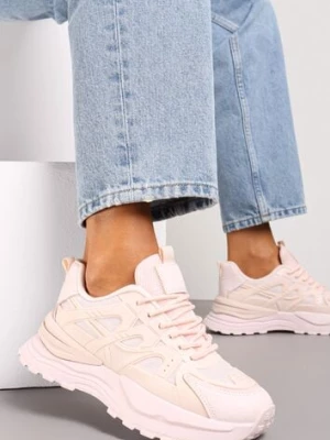 Różowe Sznurowane Sneakersy na Grubej Podeszwie z Ozdobnymi Wstawkami Ilira