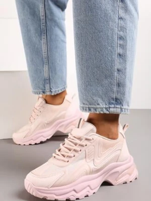 Różowe Sznurowane Sneakersy na Grubej Podeszwie z Przeszyciami Vleni