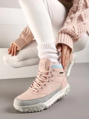 Różowe Sznurowane Traperki na Grubej Tłoczonej Podeszwie z Przeszyciami Ellithia