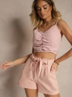 Różowe Szorty z Bawełny High Waist Ozdobione Paskiem Lioziera h&s