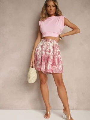 Różowe Szorty z Wiskozy High Waist z Roślinnym Wzorem Orrisell
