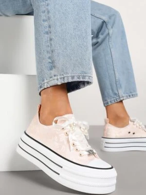 Różowe Trampki na Grubej Podeszwie z Perełkami Korami