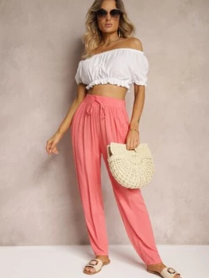 Różowe Wiskozowe Spodnie z Gumką w Talii i Zwężanymi Nogawkami Sumipaku j&x