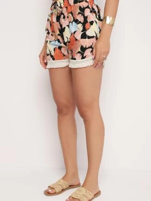 Różowe Wiskozowe Szorty w Kwiaty z Gumką w Pasie Ozdobione Frędzlami Belfea r&f fashion