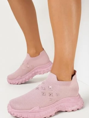 Różowe Wsuwane Buty Sportowe z Cyrkoniami na Grubej Podeszwie Adisyna