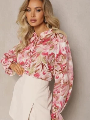 Różowo-Beżowa Koszula z Wiązaniem i Guzikami Ozdobiona Kwiatowym Motywem Fioralba retro & icone