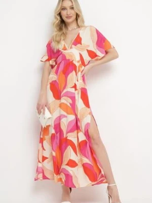 Różowo-Beżowa Sukienka o Rozkloszowanym Dole z Szerokimi Krótkimi Rękawami Iomas retro & icone