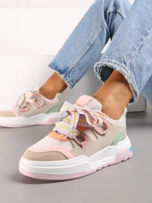 Różowo-Beżowe Sneakersy na Niskiej Platformie z Szerokimi Sznurówkami Gritte