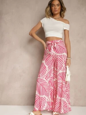 Różowo-Beżowe Spodnie o Szerokim Kroju High Waist w Liście Tenoralia
