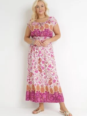 Różowo-Biała Bawełniana Sukienka Maxi z Hiszpańskim Dekoltem i Gumkami w Talii Abagal