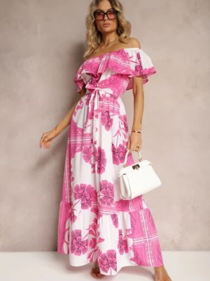 Różowo-Biała Hiszpanka Sukienka z Gumką w Talii i Materiałowym Paskiem z Falbankami Xoneri