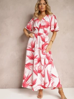 Różowo-Biała Kopertowa Sukienka Wiązana na Plecach z Gumką w Talii Jeteri wei wei