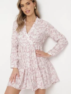 Różowo-Biała Sukienka Mini Rozkloszowana Ozdobiona Motywem Liści z Falbanką Eralia rosa