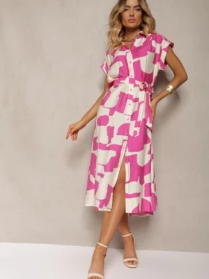 Różowo-Biała Sukienka o Koszulowym Kroju z Materiałowym Paskiem w Talii w Kolorowy Print Hilefia unigirl