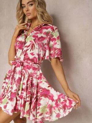 Różowo-Biała Sukienka z Falbankami Zapinana na Guziki z Materiałowym Paskiem i Krótkim Rękawem Uvinara retro & icone
