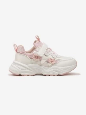 Różowo-Białe Buty Sportowe Sneakersy z Aplikacjami w Kształcie Kokardek Delhpin
