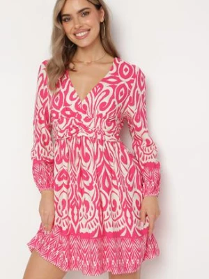 Różowo-Białe Rozkloszowana Sukienka z Wiskozy z Ozdobnym Marszczeniem i Gumką z Tyłu Jolilama belcci