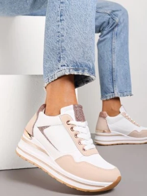 Różowo-Białe Sneakersy na Niskiej Platformie ze Wstawkami Brokatowymi Gwenoa