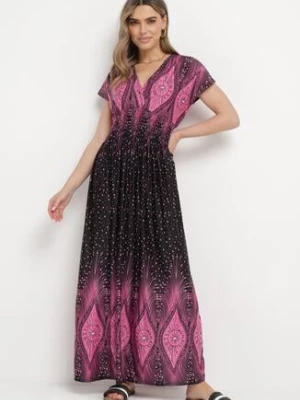 Różowo-Czarna Kopertowa Sukienka Maxi Rozkloszowana z Wiskozy Naveann