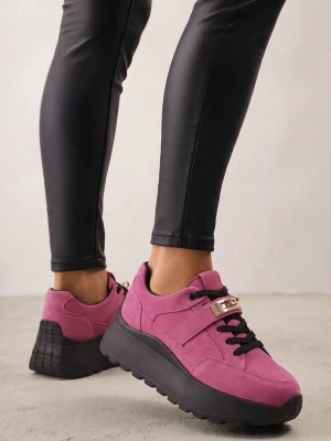 Różowo-Czarne Skórzane Sneakersy na Grubej Podeszwie z Paskiem z Metalowym Zapięciem Cirmia Goodin