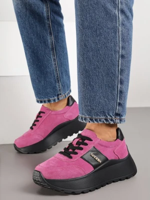 Różowo-Czarne Sneakersy na Platformie z Naturalnego Zamszu z Geometrycznym Wzorem i Napisem Latalissa Goodin