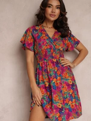 Różowo-Granatowa Krótka Sukienka w Kwiaty z Szeroką Gumką w Pasie Meles cflo