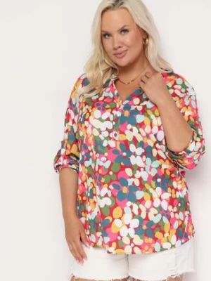 Różowo-Niebieska Koszula w Akwarelowe Kwiatki z Dekoltem na Guziki Smexina