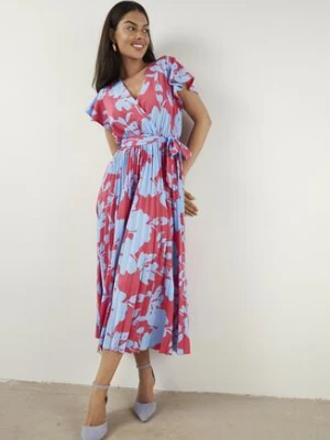 Różowo-Niebieska Plisowana Koktajlowa Sukienka z Kopertowym Dekoltem Paskiem i Gumką w Talii Anelsea cflo